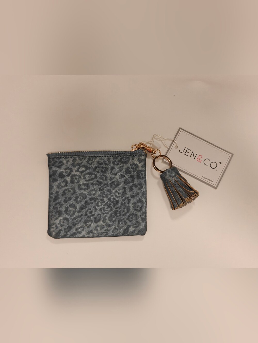 Jen & Co. Gray Leopard Print Coin Pouch with Tassel Keyring